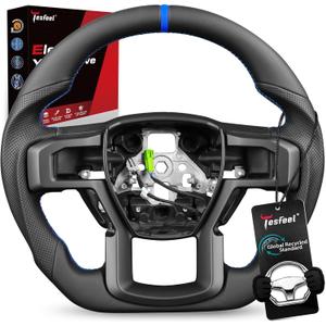Full Leather Steering Wheel for F150 Raptor 2017-2020 Gen 2
Heated Compatible, D-Shape Flat Bottom, Perforated Leather Grip, Blue Stripe & Stitching, Matching Matte Accent
