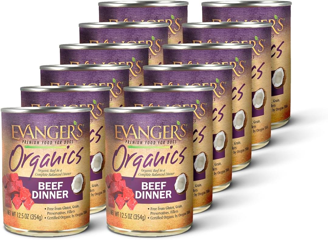 Evanger's Organics Beef Dinner for Dogs 12 Count, 12.5 oz Each Qualified Organic, Grain Free, GMO Free Nutrient-Dense Recipe with Organic Vegetables Wet Dog Food (EXP 06/30/29)