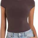 Sunzel Open Back Tops for Women Sexy Going Out Top Double Lined Backless Shirt Y2K Crop Basic Tee Shirts for Casual Workout (Brown, L)