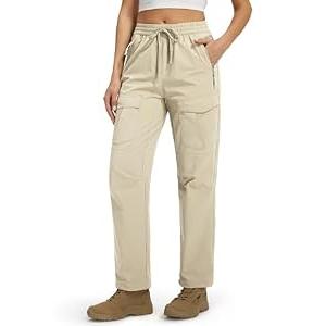 Women's Hiking Pants with Zipper Pockets Quick Dry Water Resistant Elastic Waist Cargo Joggers Lightweight Casual Travel Outdoor Safari Clothes Petite Light Khaki S
