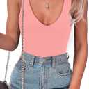 SAUNGKUAI Womens Bodysuit Sexy Plunge Deep V Neck Backless Sleeveless Tank Thong Body Suits Outfits for Going Out (Small, Coralpink)