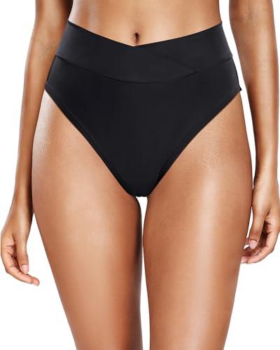 Tempt Me Women Black High Waisted Bikini Bottom Crossover V Cut Bathing Suit Swim Bottom M