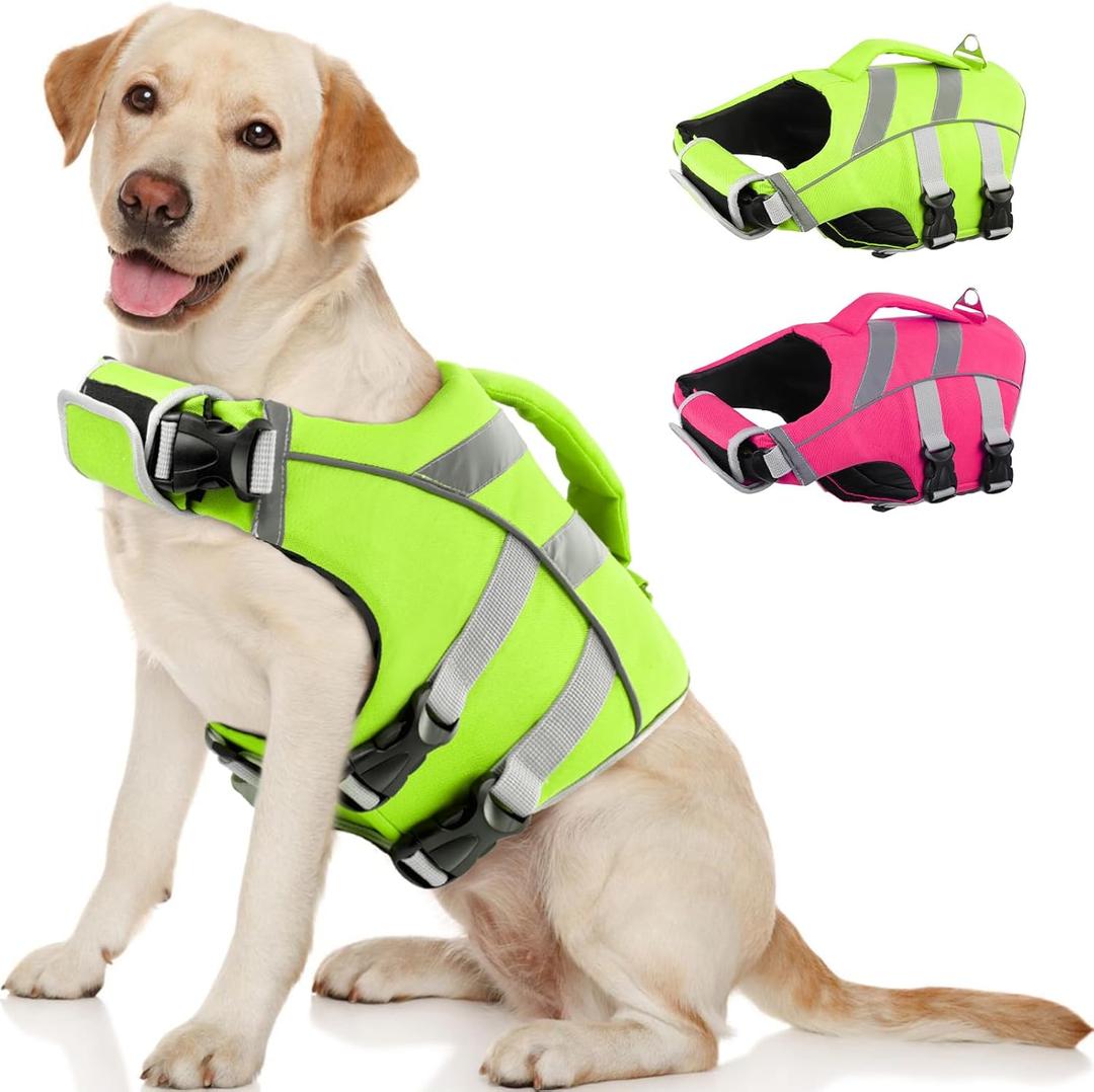 Kuoser Dog Life Jacket with Reflective Stripes, Dog Life Vest for Swimming Boating, Adjustable Pet Lifejackets with High Flotation, Doggie Swimsuit for Dogs, Medium