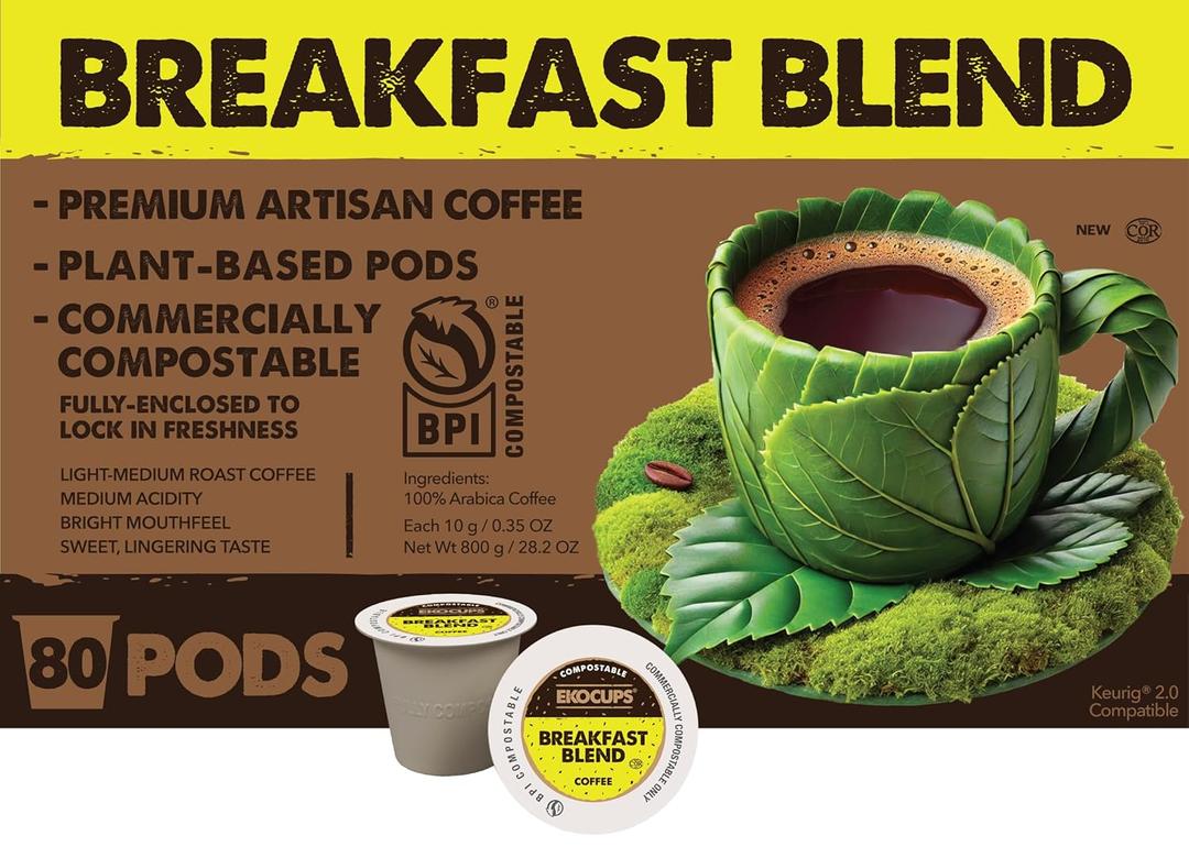 Ekocups Breakfast Blend Coffee Pods Light Roast, Compostable, Plant-Based & Freshness-Sealed French Press-Quality Brew K-Cup Brewer Compatible 80ct, EXP DATE 02/23/2026