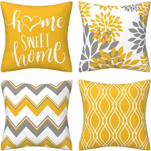 Yellow Pillow Covers 18x18 Set of 4 Modern Decorative Geometric Outdoor Sofa Throw Pillow Cushion Covers Case for Couch Living Room Bedroom Patio Furniture Indoors Home Decor (Yellow and Grey)