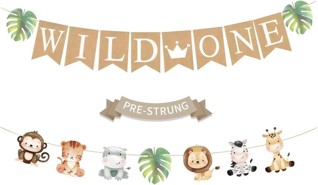 Weecent Pre-Strung 6ft Burlap WIld One Banner for 1st Baby Birthday Decorations Jungle Safari Theme Neutral Jungle Animals Gender Reveal Party Decor (Colorful)