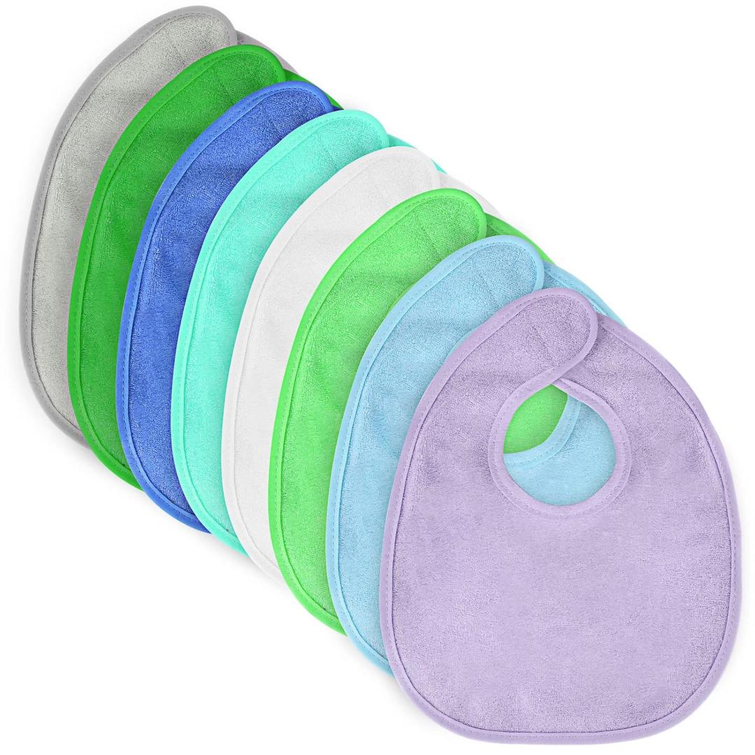 Vicloon Terry Bib Set - 8pcs Baby Bibs for Drooling & Teething, Waterproof Protection, Adjustable Closure (Blue)