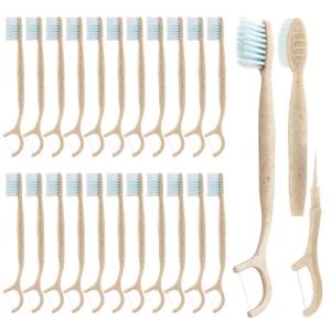 Travel Toothbrush Dental Floss Picks - 4 in 1 Biodegradable Disposable Toothbrushes with Tongue Scraper, Eco-Friendly Individually Wrapped Toothbrush for Adult Kids Travel Oral Care, 40 Pack (White)
