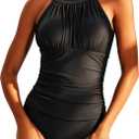 KI LAPHEE One Piece Swimsuit for Women Bathing Suits Tummy Control Ruched Elegant High Neck Swimwear (Black) 16