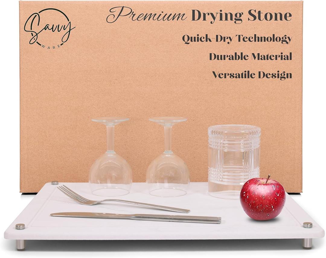 Diatomite Dish Drying Mat for Kitchen Counter (15.7" x 11.8")  Fast Drying Stone Tray with Non-Slip Feet, Elevated Design & Marble Finish, Water Absorbent Countertop Protector