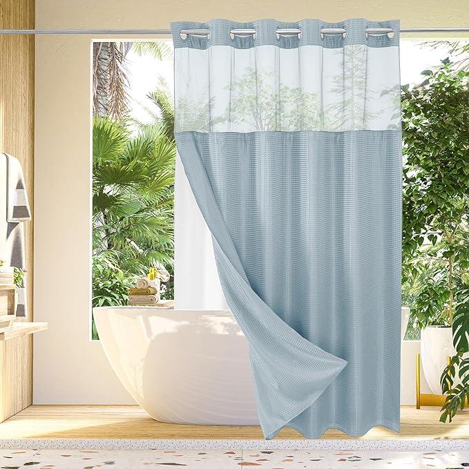 Gibelle No Hook Waffle Weave Shower Curtain with Snap-in Fabric Liner Set for Bathroom, Hotel Style with Mesh Top Window, Waterproof & Washable, Fog Blue, 72x74