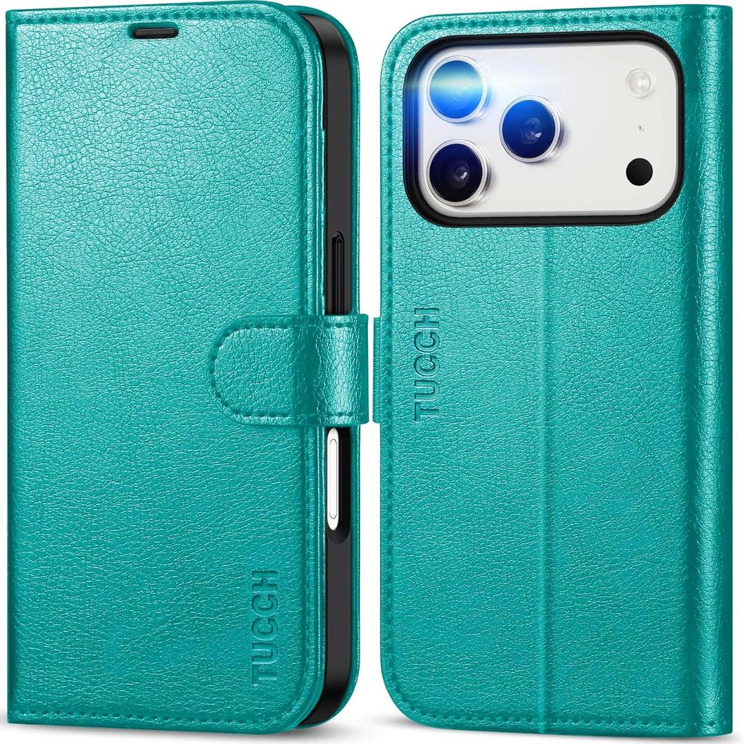 TUCCH Wallet Case for iPhone 17 Pro (6.3") 2025, 4 Card Slots | RFID Blocking | Stand | PU Leather | Magnetic Closure | Protective Flip Folio Cover | Shockproof TPU Shell | Cyan