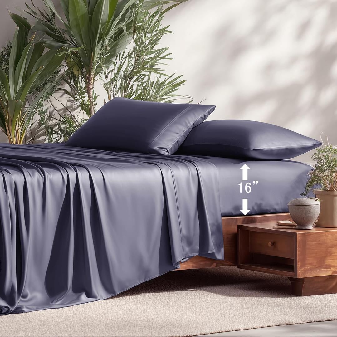 NATUREFIELD 100% Rayon Viscose Derived from Bamboo Sheets Set - Dark Blue King Size 4 Piece- Hotel Luxury Silky-Smooth Feel,Cooling Breathable, for Hot Sleepers, 16" Deep Pocket, 240 Thread Count.