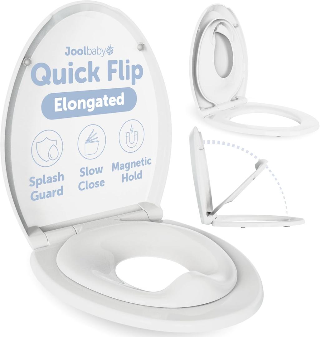 Quick Flip Toilet Seat with Built-in Potty & Splash Guard for Toddler Training, Slow Close - Jool Baby (Elongated)