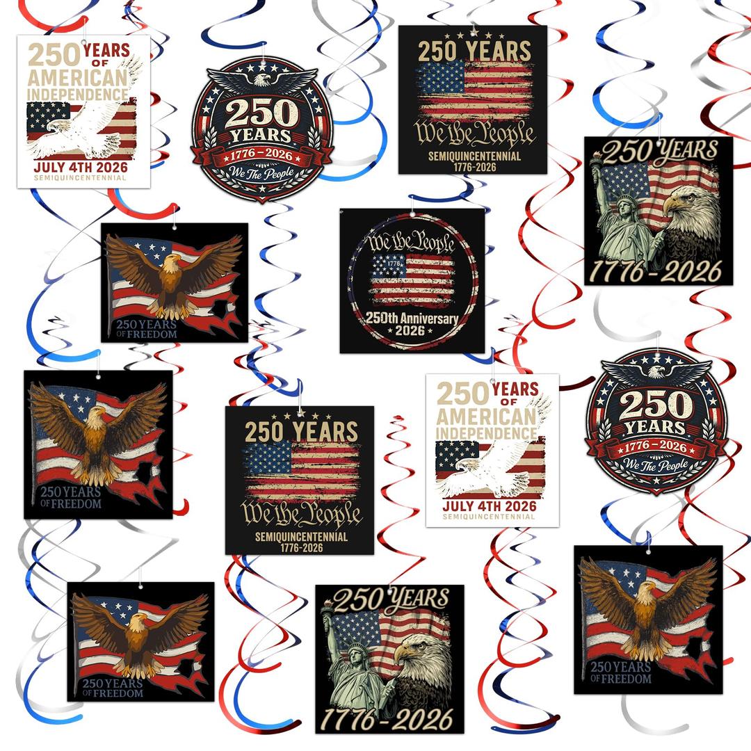 Eersida 30 Pcs 250th Anniversary Hanging Swirl Decoration USA Patriotic Ceiling Streamers 250 Years 1776-2026 American Flag Hanging Ornaments for 4th of July Independence Memorial Day Party Supplies