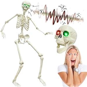 5.4FT Full Size Halloween Skeleton, Life Size Posable Skeleton with Glowing Eyes Scary Sound, Plastic Skeleton with Movable Joints for Halloween Decoration