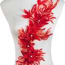 Silvora Phoenix Peacock Feather Tail Fabric Beaded Lace Applique,3D Embroidered Flower Fabric Patch for Bridal Dress, Handmade Sewing Tool for Wedding DIY Crafts(Red)