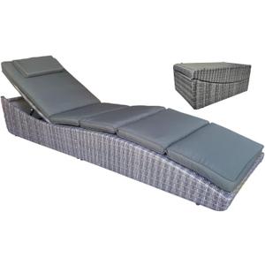 Foldable Outdoor Chaise Pool Lounge Chair Folding Wicker Rattan Sun Bed Patio Couch Reclining Lounger Adjustable Padded Backrest Pillow Assembled - Grey