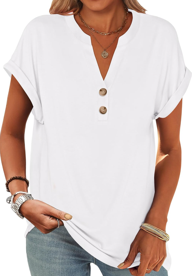 ANRABESS Women's Short Sleeve Henley Tops V Neck Dressy Casual Blouses Summer Trendy Tee Shirts 2025 Vacation Fashion Clothes 2XL