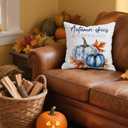 Fall Throw Pillow Cover 18x18 Inch  White Linen Autumn Cushion Cover with Blue Pumpkins and Orange Leaves  Double-Sided Print, Farmhouse Thanksgiving Pillowcase for Sofa Couch Bed
