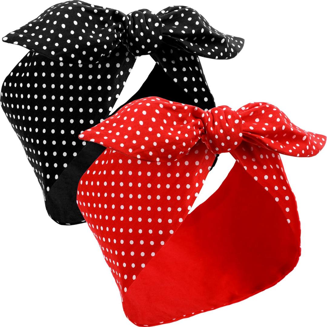 Hicarer 2 Pieces Polka Dot Headband Bandana Headband 50s Costume Hair Accessories Bows Wide Head Wrap for Women (Red, Black, Small Dots)