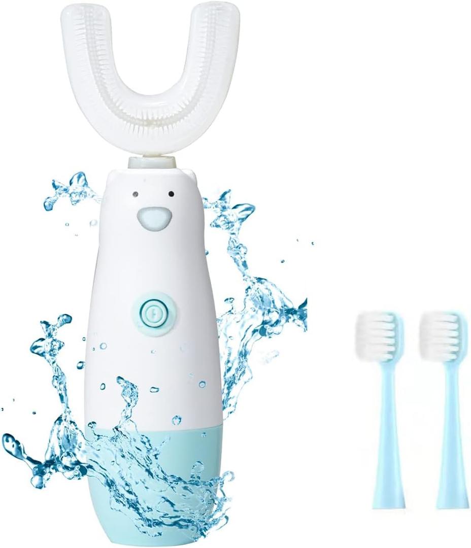 Meqtpomy Kids Electric ToothbrushU Shaped Toothbrush Waterproof Battery Powered 360 Automatic Sonic Toddler Toothbrushes for 8-13 Years Old for Boys Girls with 2 Replacement Brush HeadsBlue