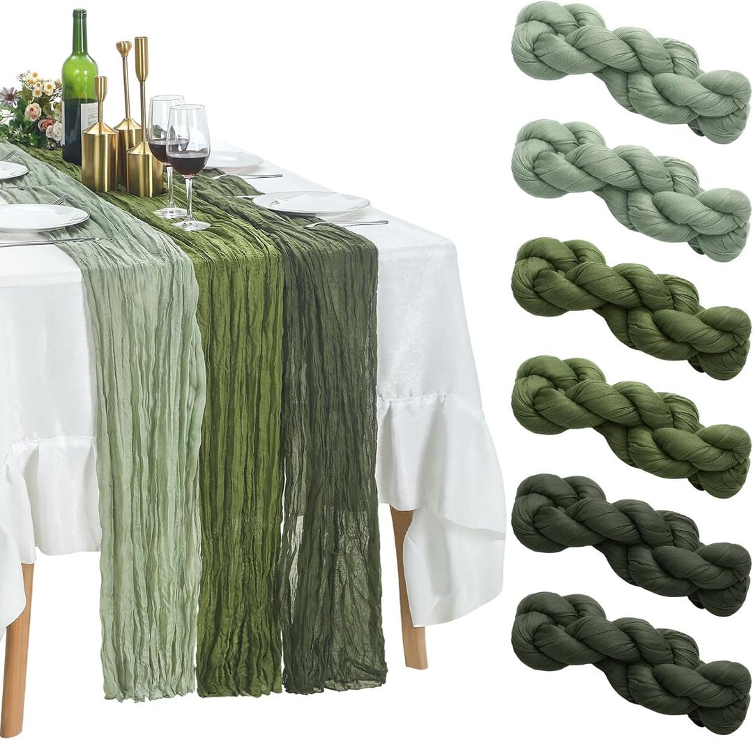 HunnmingRe 6 Pcs Cheesecloth Table Runner 10ft Boho Rustic Gauze Cheese Cloth Table Runner for Wedding Birthday Baby Shower Party Feasts Ceremony Summer(Sage Green, Moss Green, Olive Green)
