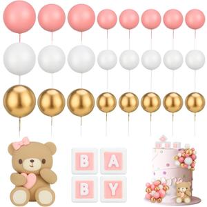 29 Pcs Ball Cake Toppers - Bear Cake Decorations with Cute Bear Blue BABY Letter Blue Gold White Foam Balloon for Baby Shower (Pink)