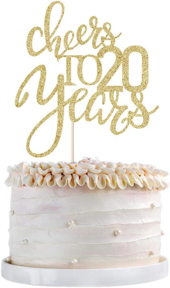 Qertesl Gold Glitter Cheers to 20 years Cake topper, Happy 20th Birthday Cake Decorations, Perfect for 20 Years Cake Decorating, Wedding/ Anniversary Party Decorating Supplies 