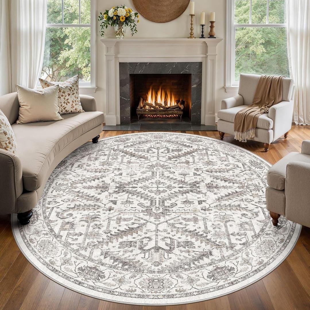 8x8 Round Area Rugs for Living Room-Washable Soft Large Vintage Rug Non-Slip Stain Resistant Traditional Stain Resistant Indoor Floor Low Pile Carpet for Bedroom Dining Room or Home Office- White