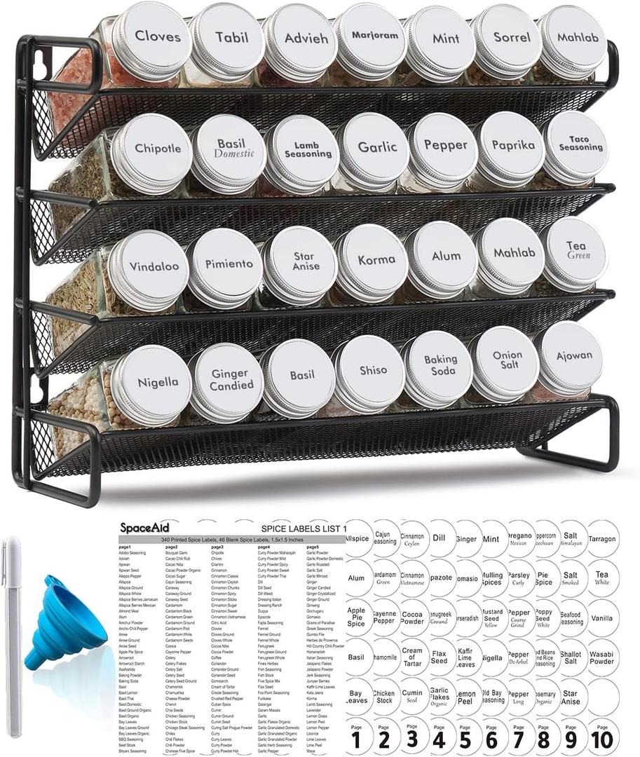 SpaceAid Spice Rack Organizer with 28 Spice Jars, 386 Spice Labels, Chalk Marker and Funnel Set for Cabinet, Countertop, Pantry, Cupboard or Door & Wall Mount - 28 Jars, 13.4" W  10.8" H, White