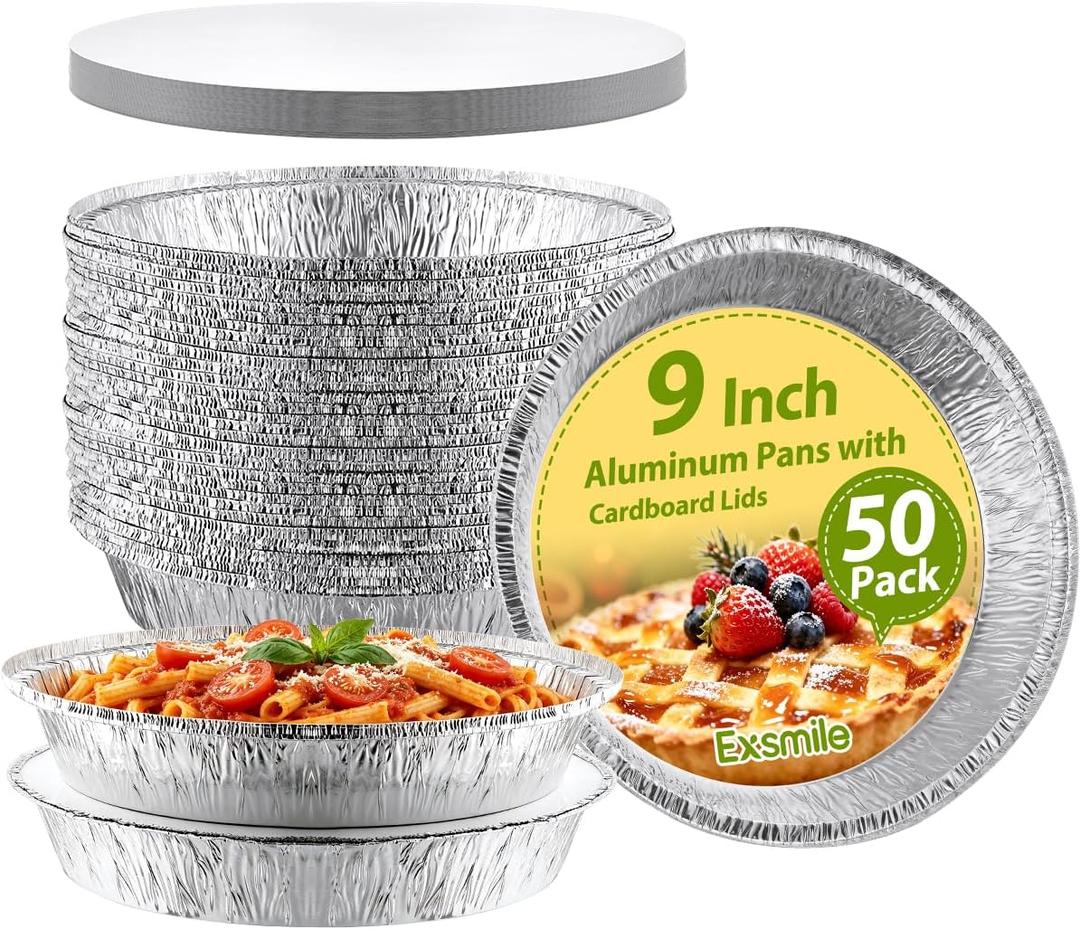 50 Pack 9 Inch Round Aluminum Pans with Cardboard Lids - Disposable Tin Foil Pans, Food Containers for Cake Baking, Cooking, Reheating, Roasting, Storage