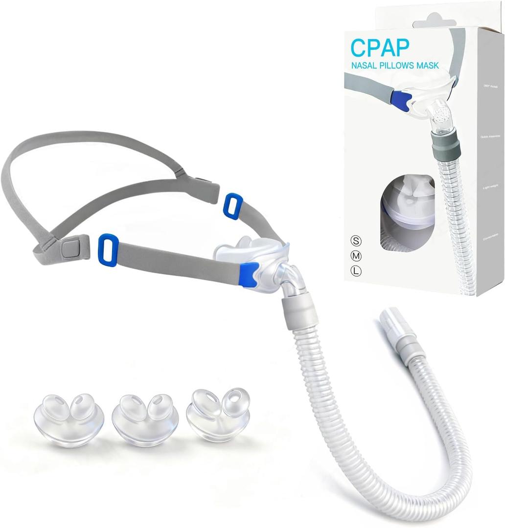CPAP Nasal Pillow Mask, Nasal Pillow Set with Detachable Headgear, Frame, Tube and 3 Different Sizes of Nasal Pillows(S,M,L)