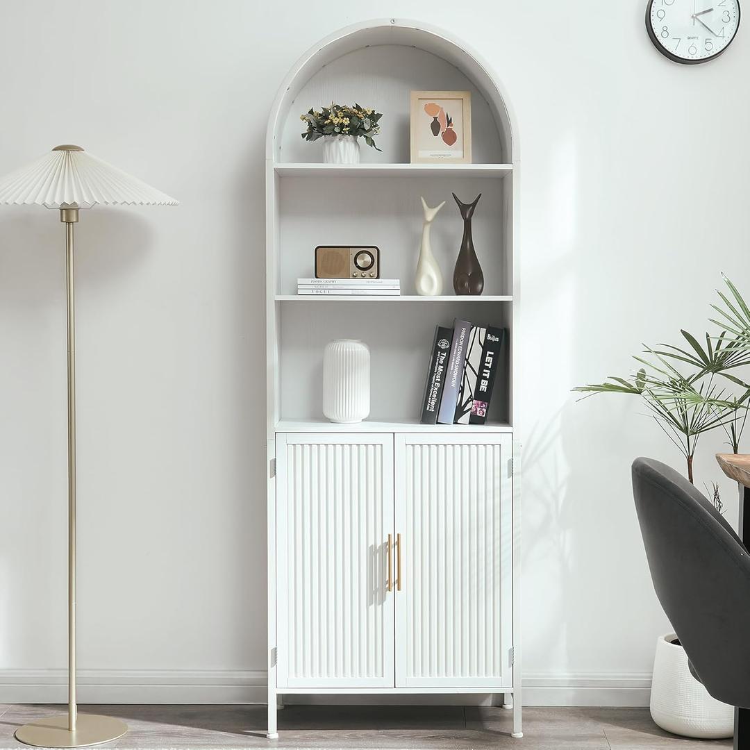 Arched Bookcase Book Shelf with Doors, 5 Tier Tall Display Bookshelf Cabinet with Storage, Industrial Floor Standing Bookshelves Open bookcases for Home Office, Living Room(White)