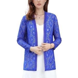 FindThy Womens 3/4 Sleeve Lace Cardigan Long Sleeve Open Front Floral Crochet Shrug Cover Up (X-Large, Blue)