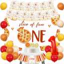 Pizza 1st Birthday Party Decorations - Pizza Theme 1st Birthday High Chair Banner and Photo Banner Slice of Fun Backdrop Fast Food Pizza Cake Topper Red Yellow Balloons for Kids First Bday Supplies