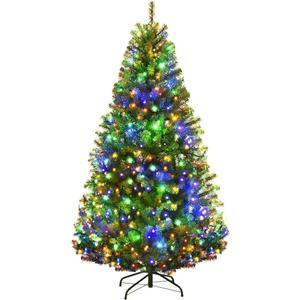 Goplus 5FT Pre-Lit Artificial Christmas Tree, Hinged Spruce Xmas Full Tree with 150 LED Multicolor Lights, 11 Lighting Modes, 600 PVC Branch, Foldable Base, for Indoor Home Office Decoration