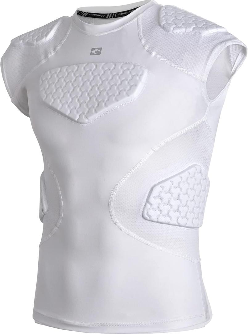 COOLOMG Youth Football Padded Shirt Chest Rib Protector Heart Sternum Shoulder Protection (Medium, White)