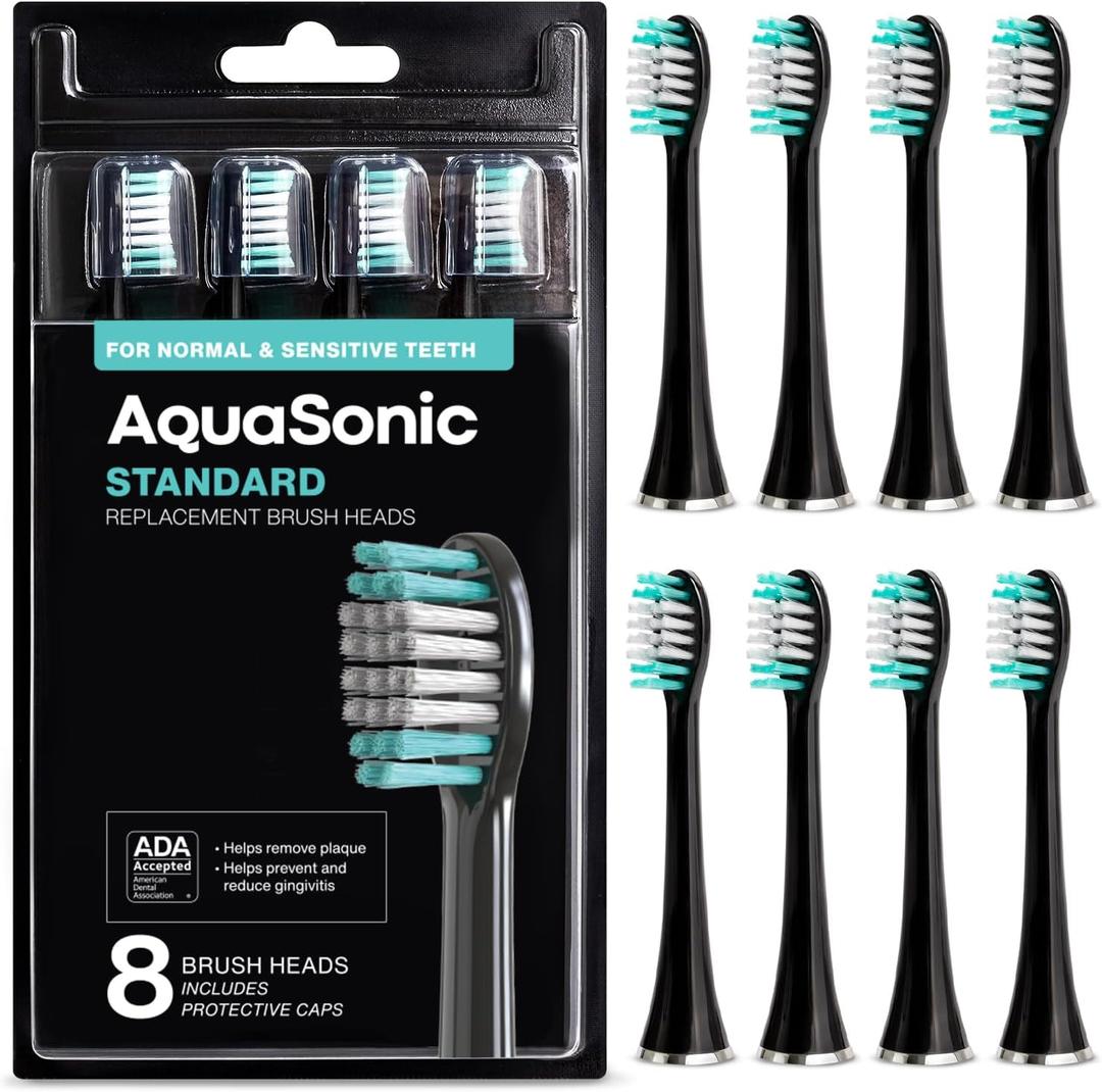 AquaSonic Genuine Standard Replacement Brush Heads | ADA Accepted | for Normal & Sensitive Teeth | Compatible with Many AquaSonic Toothbrush Handles (8 Pack Black)