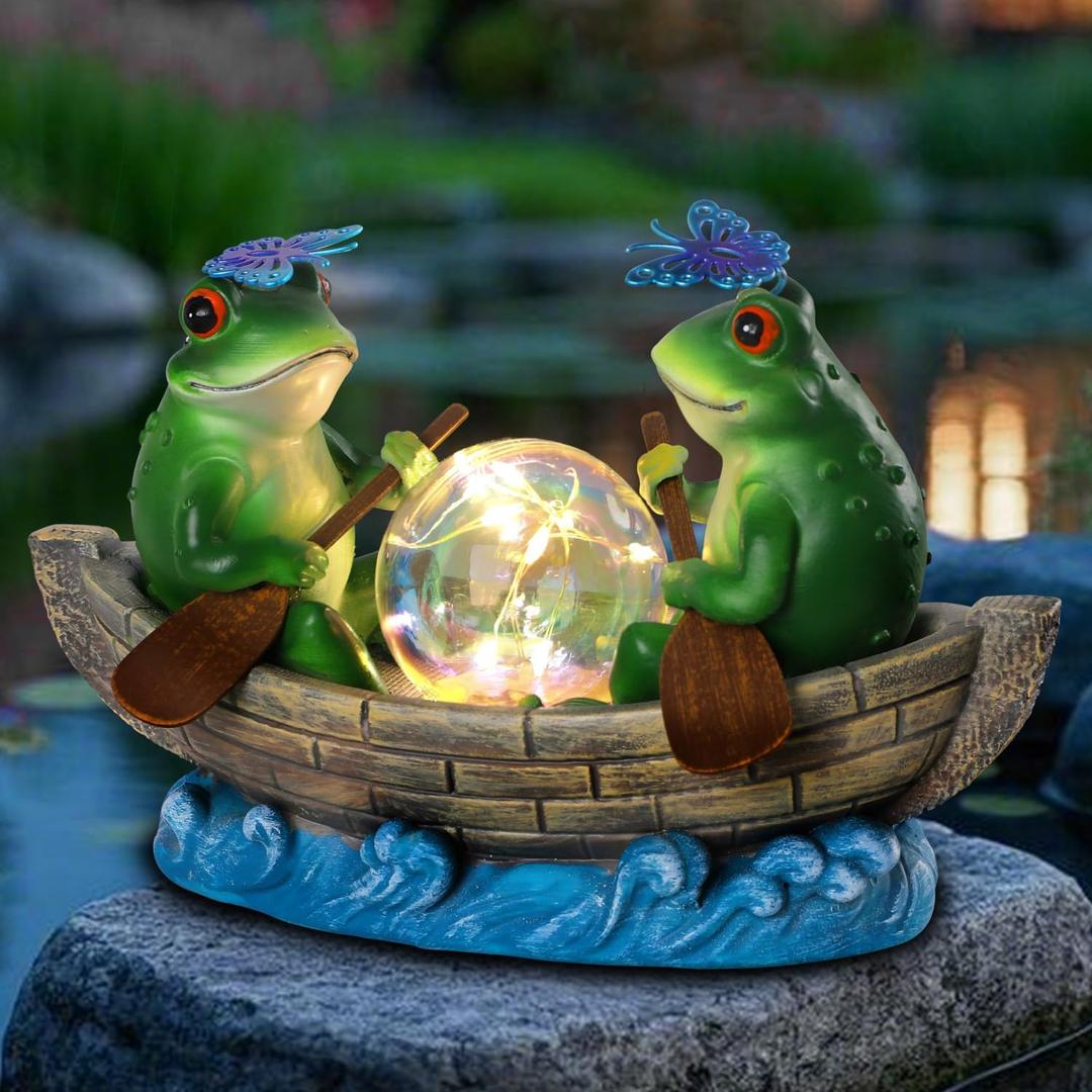 Solar Frog Boating Garden Statue with Ball Light 5.1" Resin Frogs Decor for Home Front Door Patio Porch Balcony Women Gardeners Moms Wives Girlfriends