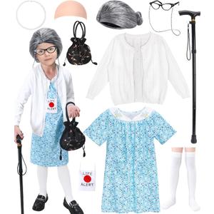 11 Pcs Old Lady Costume for Kids,100 Days of School Costume Girls,Granny Grandma Costumes Kids Accessories (5-7yr, Blue)