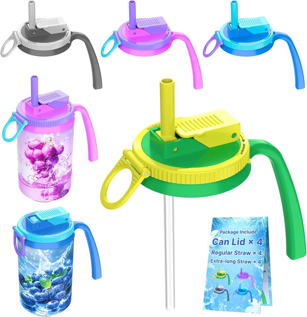3 x 4-Pack Silicone Seal Universal Soda Can Lids with Handle, Foldable Straw,Rotating Tightening Ring without Pressing Leak-Proof & Carbonation Saver,Reusable Cover Cap for Beverage,Beer, (4 Colors)
