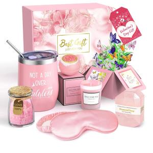 Spa Gift Basket with Bath Essentials- Pink Rose Relaxation Kit Set, Birthday Spa Items Box for Women, Wife, Mom, Sister, Mom, Her, Friends