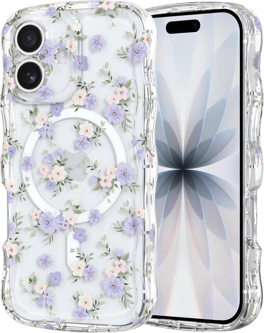 RALEAVO for iPhone 17 Case Cute Floral Pattern Design [Compatible with Magsafe] Clear Curly Wave Frame Cover for Women,Acrylic Shockproof Anti-Slip Case for iPhone 17,Purple Flowers