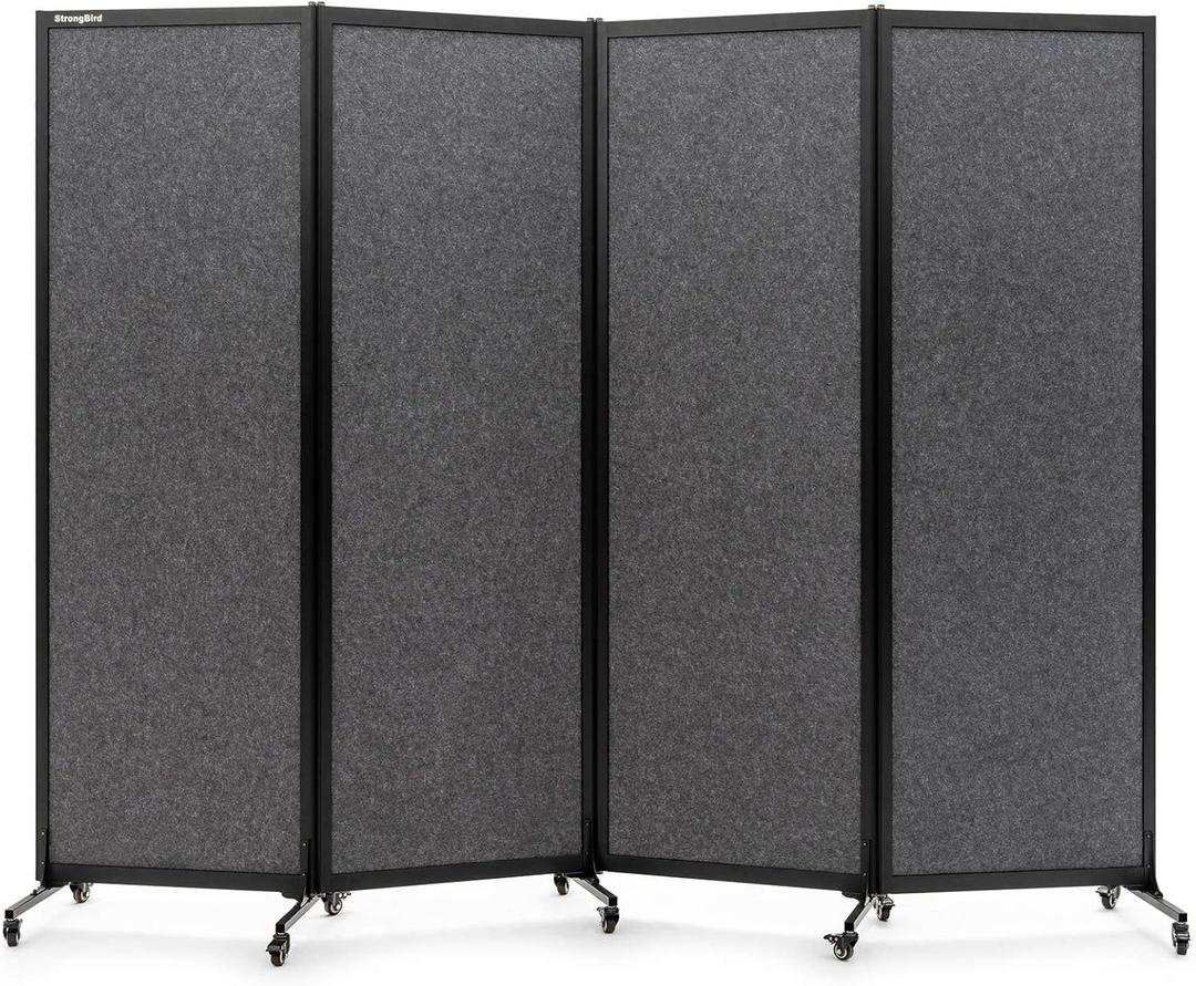 Upgrade Version Room Partition and Divider, Freestanding Rolling Dividers with Wheels,Office Privacy Screen Divider Wall,Classroom Felt Dividers,8'2"L* 6'7"H,4 PanelDark Grey