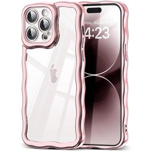 SKYLMW Compatible with iPhone 14 Pro Case, Kawaii Cute Curly Wave Frame Luxury Plating Edge, Stylish Glossy Clear Back, Soft TPU Shockproof Protective Cases for iPhone 14 Pro, Rose Gold