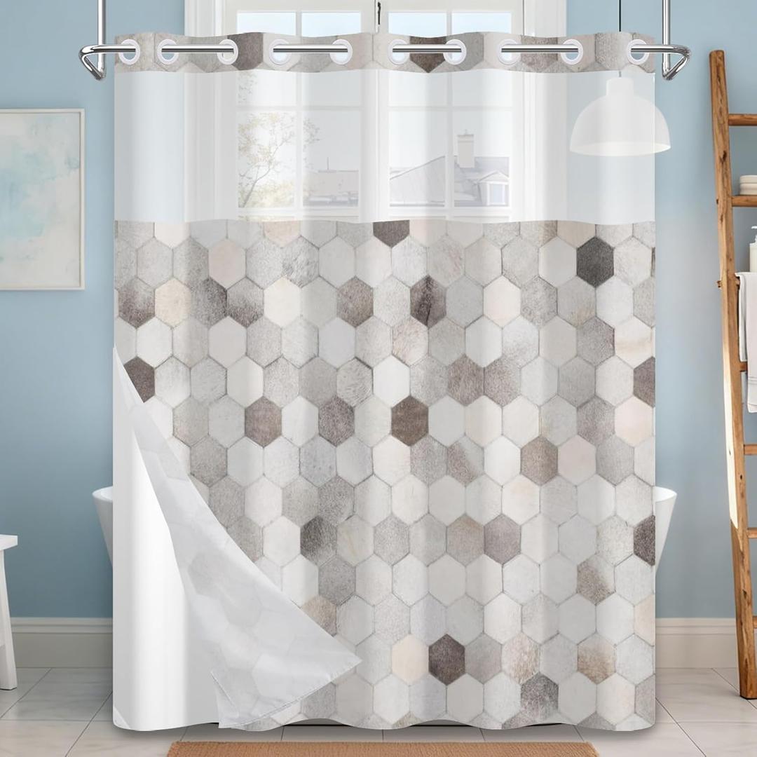 No Hook Shower Curtain with Snap in Liner, Modern Gray Hexagon Geometric Pattern with Mesh Top, Waterproof Double Layer Bathroom Decor, 71 x 74 Inch