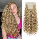 REECHO Curly Clip in Hair Extensions, 4PCS 24 inch Long Hair Extensions Clip ins Lace Weft Natural Hairpieces for Women Daily, Medium Blonde with Highlights