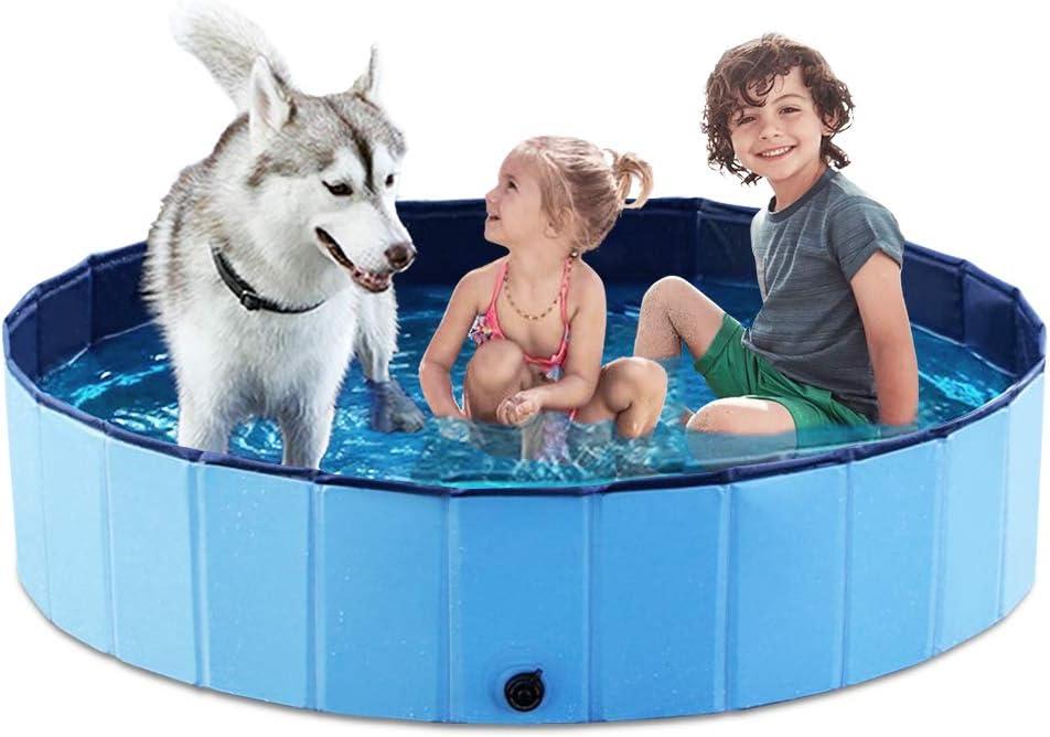 Jasonwell Foldable Dog Pet Bath Pool Collapsible Dog Pet Pool Bathing Tub Kiddie Pool Doggie Wading Pool for Puppy Small Medium Large Dogs Cats and Kids 55.1" Blue (Mdf Wood Blue)