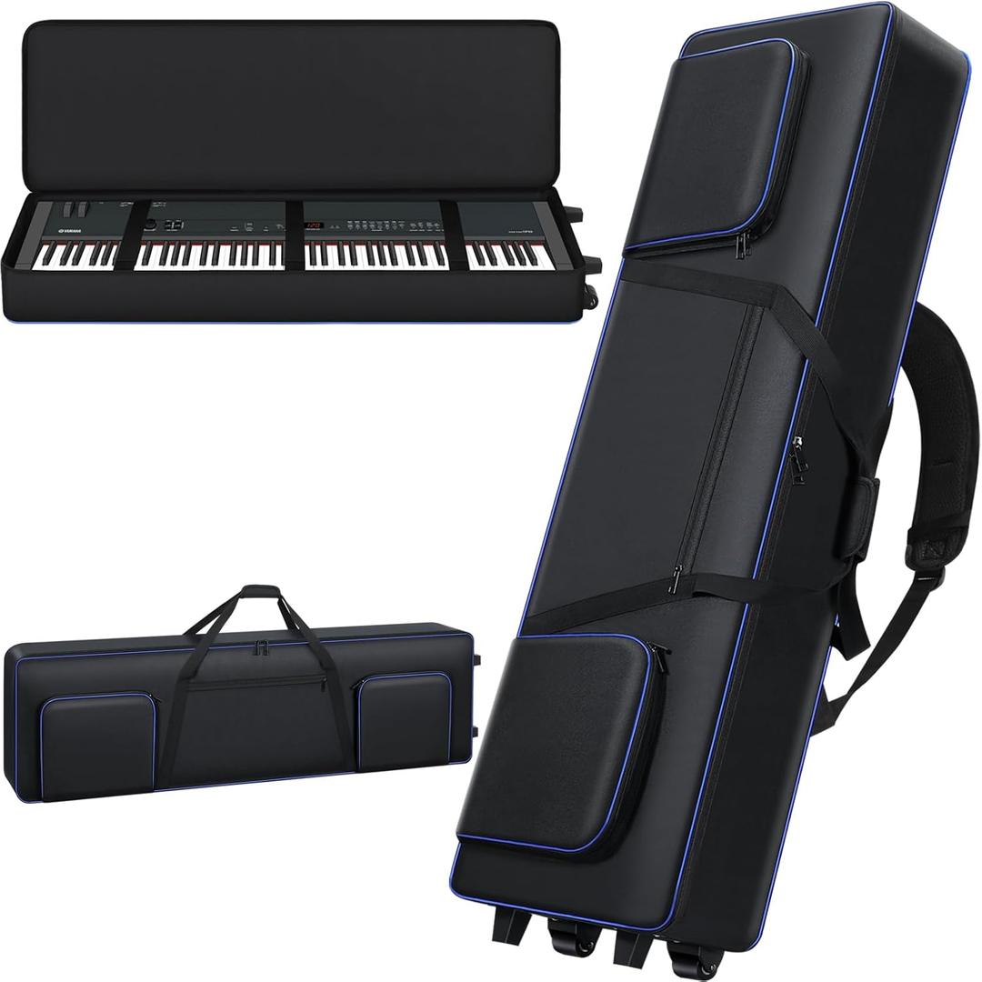 88 Key Keyboard Case Soft with Wheels (56.7x18.9x7.1), Rolling Piano Keyboard Case with Roller/Carrying Handle/Backpack-Strap, Keyboard Gig Bag with 3 Pockets (L)